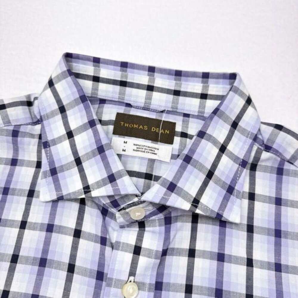 Thomas‎ Dean Short Sleeve Button Up Shirt Men’s Size Medium Purple Plaid Career